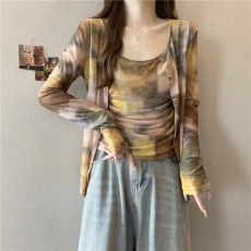 批发大码女装秋装新款设计感时尚百搭修身显瘦扎染吊带开衫两件套上衣
