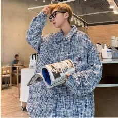 批发三朝三夕SZSX美式休闲编制小香<b class='q'>风</b>不规则格纹长袖翻领衬衫夹克外套