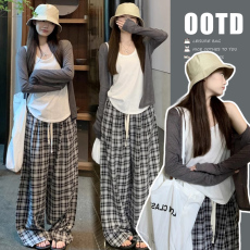 批发慵懒风<b class='q'>孕妇</b><b class='q'>套装</b>灰色防晒外套女无袖背心秋季格子休闲裤三件套