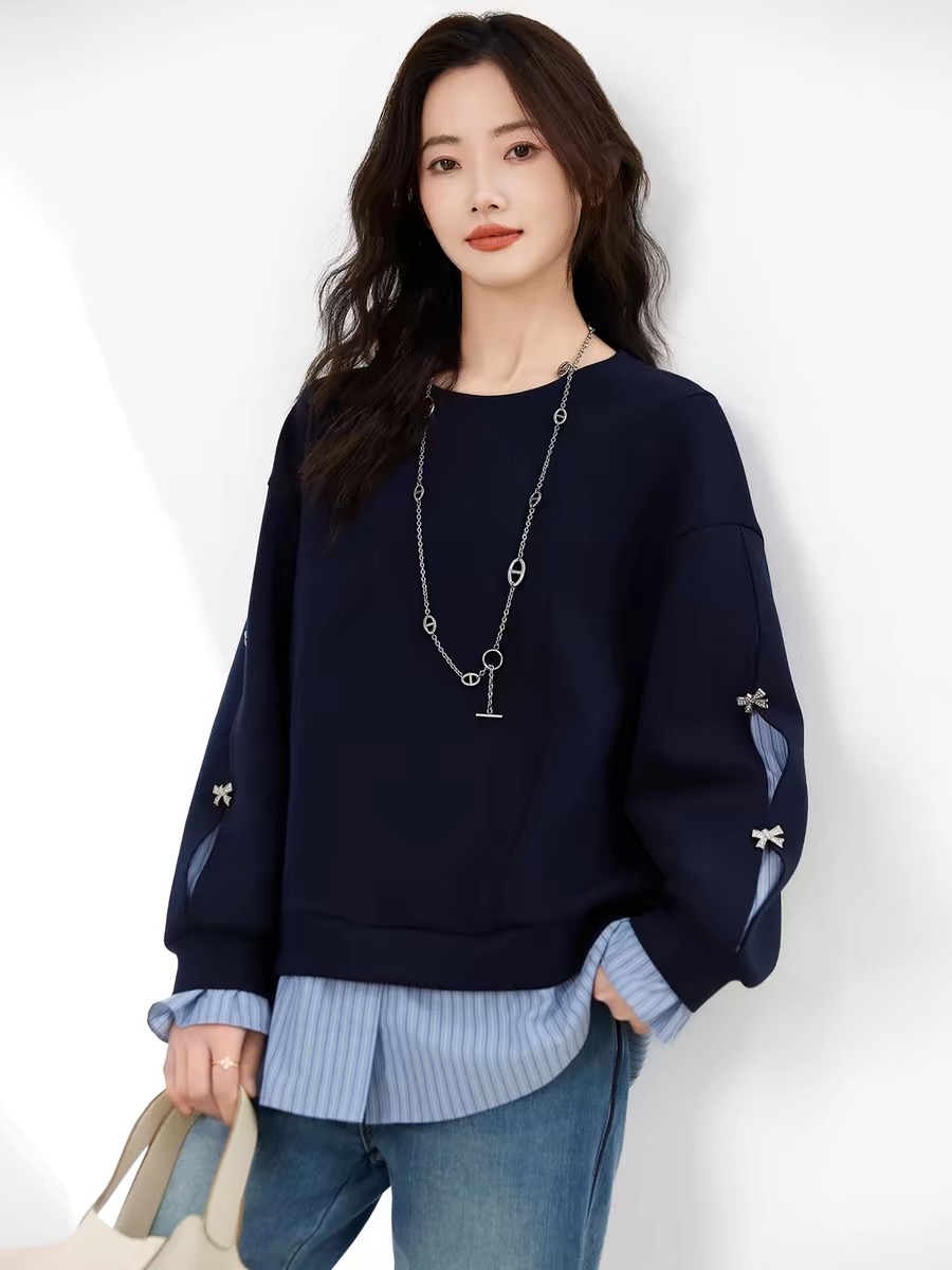 2026 새로운 유럽 상품 마이크로 지방 빅 사이즈 페이크 레이어드 나비 매듭 스트라이프 패치워크 후드티