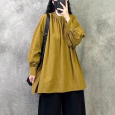 批发法式复古圆领衬衫女2024新款春季宽松大码休闲洋气质长袖上衣