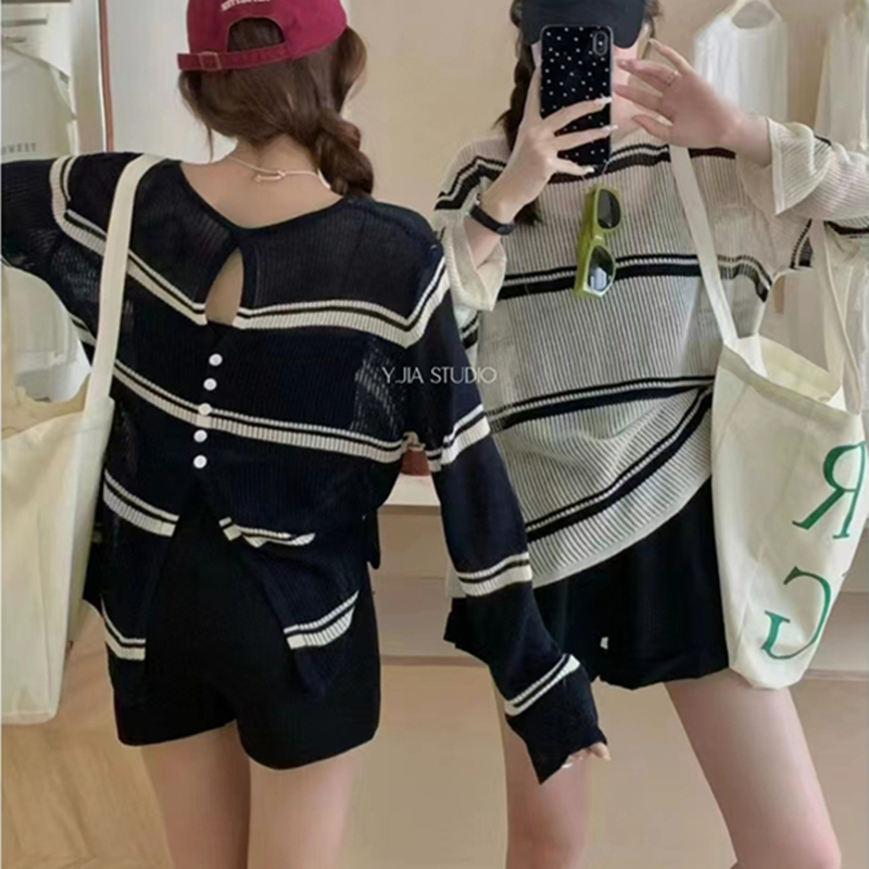 PF19304#夏新款时尚条纹针织防晒衣减龄小心机露背气质轻薄上衣女裝貨源服裝批發