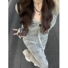 批发实拍实价#春季复古气质修身长裙新中式晕染挂脖长袖<b class='q'>连衣裙</b>女