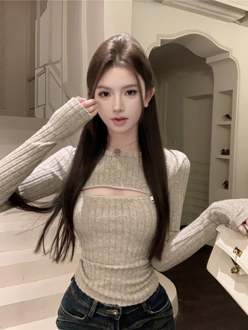 정가 실사 소녀 섹시함 부드럽다 코라 지퍼 라운드 넥 니트 긴 소매 기본 셔츠