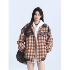 批发 好质量复古拼色格纹外套美式潮牌拼PU皮翻领夹克