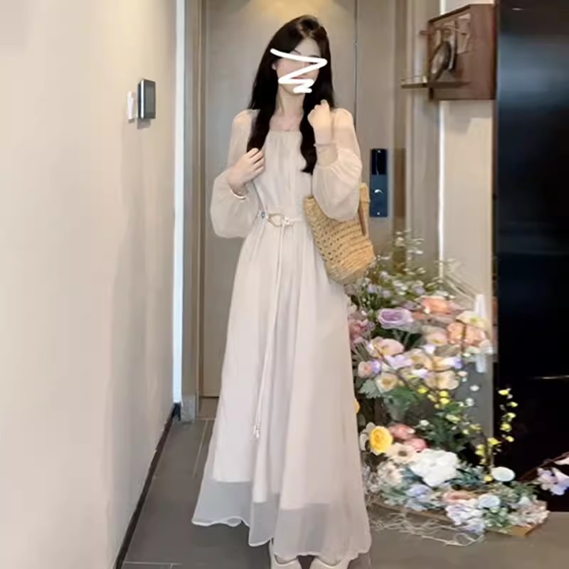 새로운 프랑스식 품격 부드러운 바람 이른 가을 긴팔 살구 색상 점프 슈트 치마 여성 의류 여름 고급 센스 롱 스커트