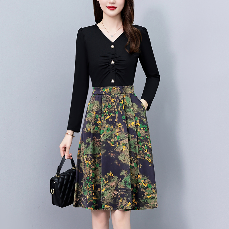 PF19367# 印花假两件套大码女装胖mm时尚洋气修身中长款春秋新款长袖连衣裙女裝貨源服裝批發
