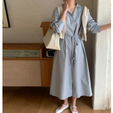 批发尺寸已更新chic气质温柔百搭简约西装领单排扣系带长袖宽松<b class='q'>连衣裙</b>