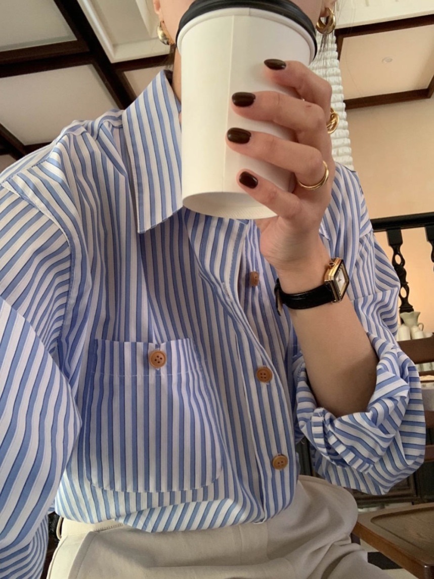 한국 봄 가을 가을 레트로 작은 대중 폴로 칼라 배색 스트라이프 디자인 루즈핏 캐주얼 다용도 긴팔 여성 셔츠
