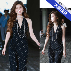 批发赵露思<b class='q'>明星</b><b class='q'>同款</b>法式深v领挂脖连衣裙印花修身度假风长裙