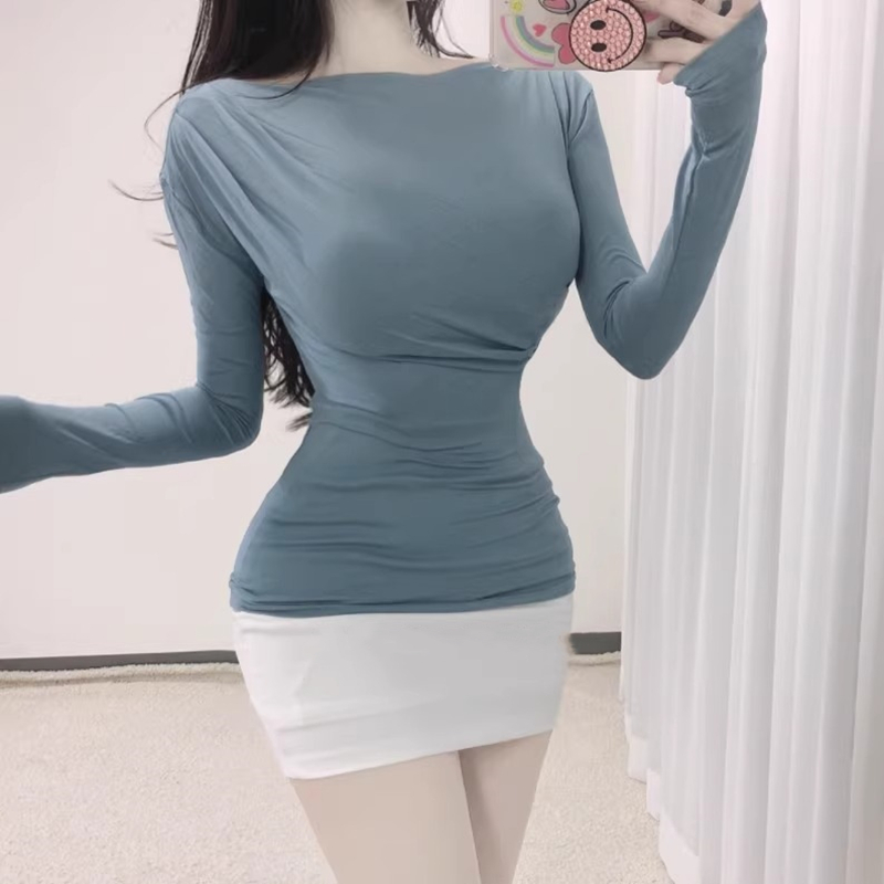 한국 동대문 가을 새로운 기질 한 단어 칼라 접기 허리 디스플레이 몸 얇은 섹션 긴 소매 바지를 입는 셔츠 순수한 욕망 바람