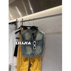 批发Miss家立领无袖牛仔马甲外套女2024秋装新款水洗做旧口袋拉链外套