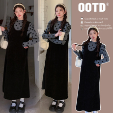 批发实拍2026春季新款孕妇法式半高领泡泡波点打底衫＋丝绒吊带长裙