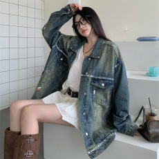 批发实拍实价重工扎染过渡色喷漆设计感小众水洗做旧宽松牛仔外套女