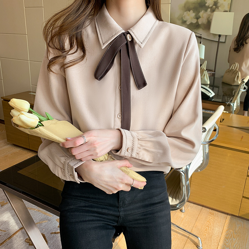 실사 외국 가스 가을 새로운 여성 의류 폴로 칼라 단색 레이스업 쉬폰 블라우스 맨위 오픈 가디건 셔츠 기본 셔츠 셔츠