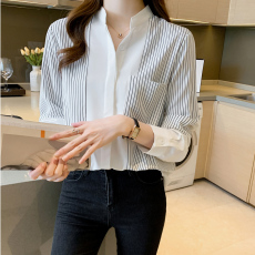 批发实拍洋气休闲秋季新款女装翻领条纹<b class='q'>雪纺衫</b>上衣开衫衬衫打底衫衬衣