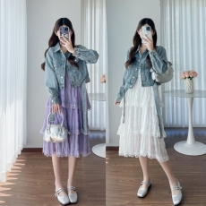 批发实拍现2026新款春夏装大码女装胖MM吊带蛋糕裙<b class='q'>牛仔</b>外套两件套套装