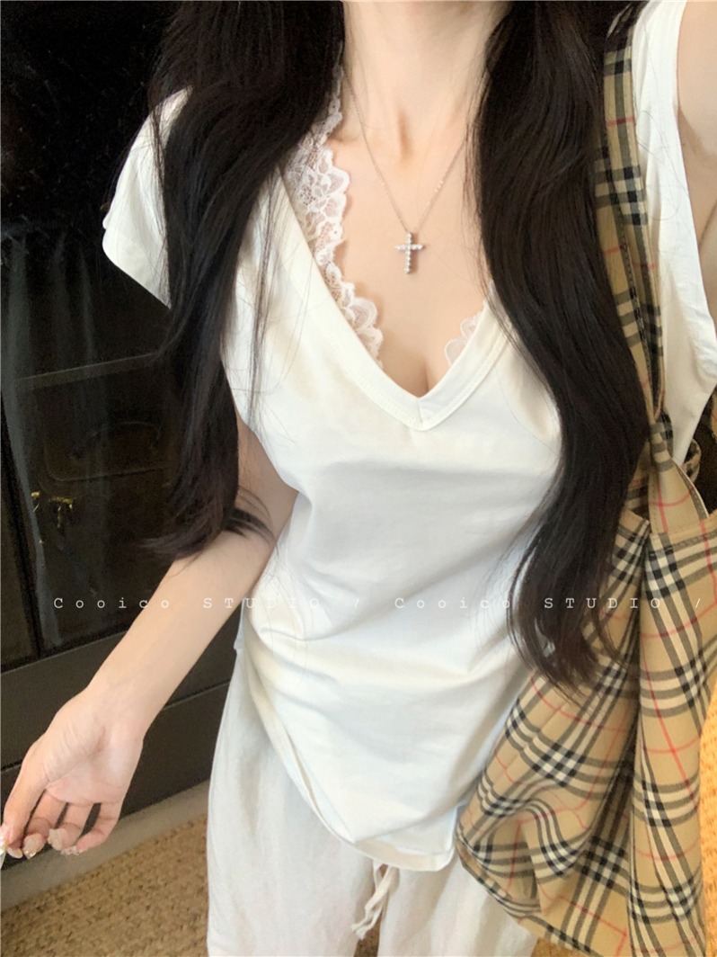 실사 정가 순수한 욕망 바람 루즈핏 다용도 티셔츠 V넥 반팔 티셔츠 레이스 인사이드 가져 가라. 조끼 스택 착용 투피스 세트