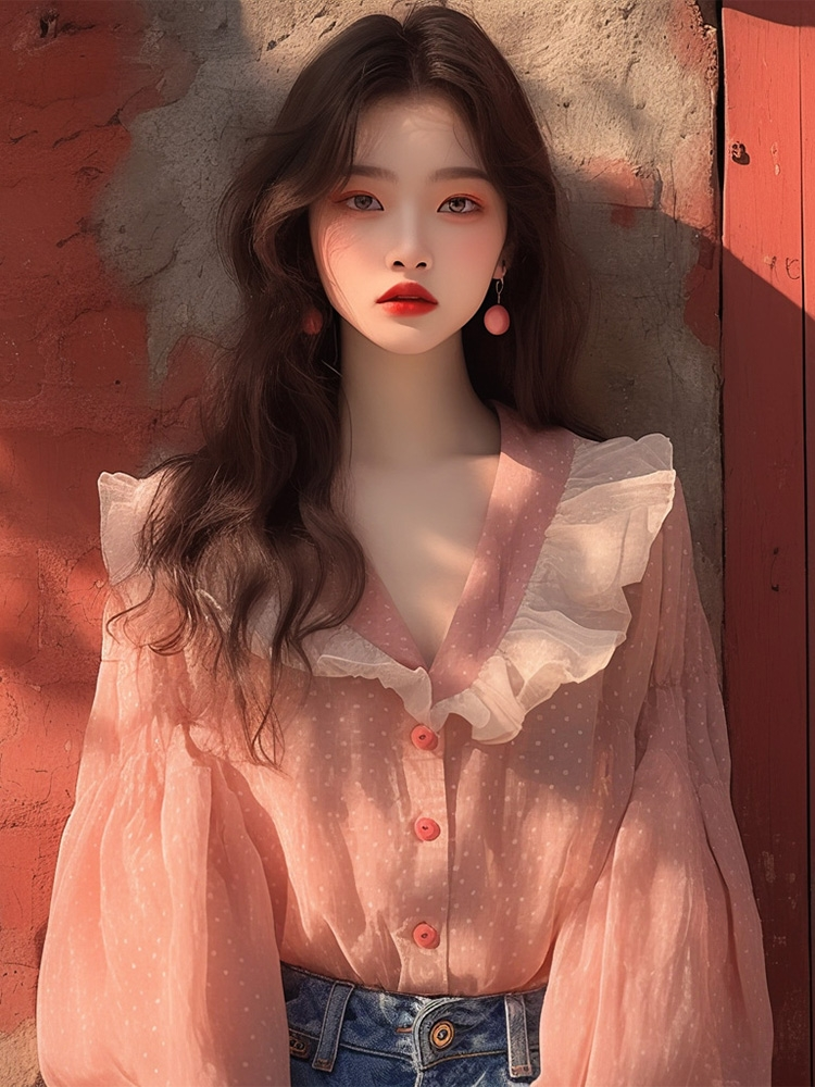 아름다운 패션 시폰 셔츠 여성 이른 가을 새로운 품격 셔츠 한 부서 연령 감소 핑크색 도트 무늬 연꽃 잎 측면에 옷