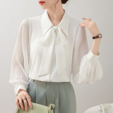 批发实拍~2026春季蝴蝶结飘带白色衬衫女长袖抗皱<b class='q'>职业</b>雪纺白衬衣