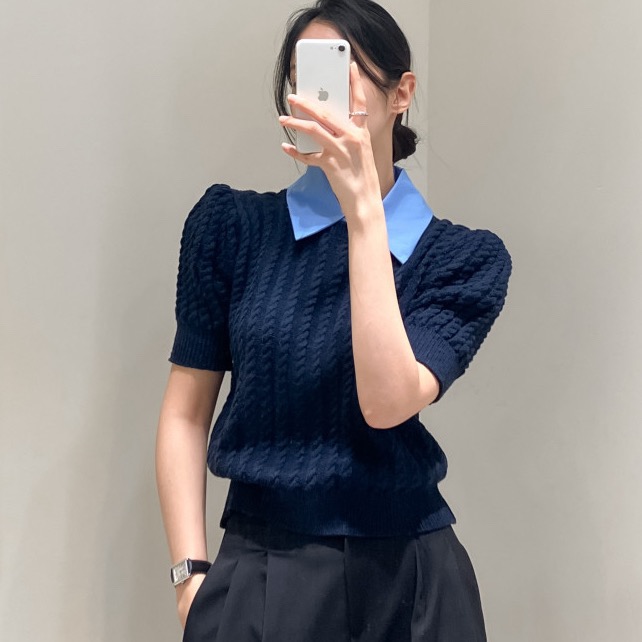 BY35598# 复古甜美假两件泡泡袖针织毛衣 服裝批發女裝批發服飾貨源