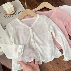 批发女童<b class='q'>夏</b>季2024新款儿童防晒开衫外套女宝宝薄款简约木耳边短款上衣