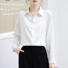 批发实拍白色<b class='q'>真丝</b>衬衫女法式高端气质polo领职业修身百搭缎面小衫上衣