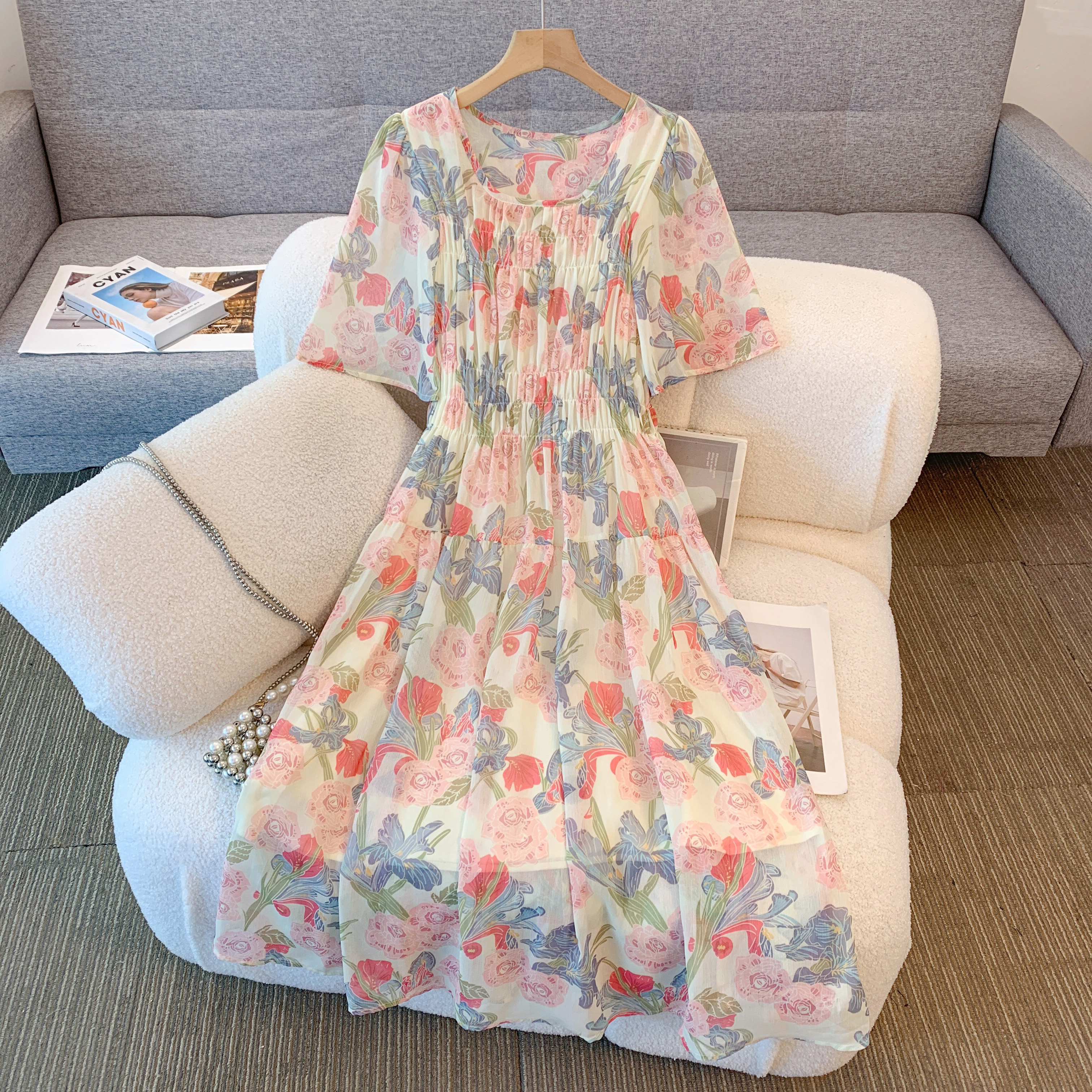 MY505# 韩系显白柔软琉璃纱轻薄连衣裙大码100-220斤高腰显瘦仙女裙女裝貨源服裝批發