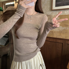 实拍实价 早秋新款修身拼接透视纯欲显瘦6羊毛针织衫长袖打底上衣
