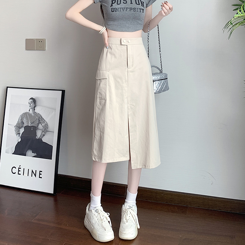 PF19186#新款工装半身裙女高腰不规则口袋中长款开叉a字裙中长裙女裝貨源服裝批發