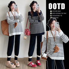 实拍#孕妇春季套装2026新款条纹连帽针织打底衫+托腹束脚裤两件套