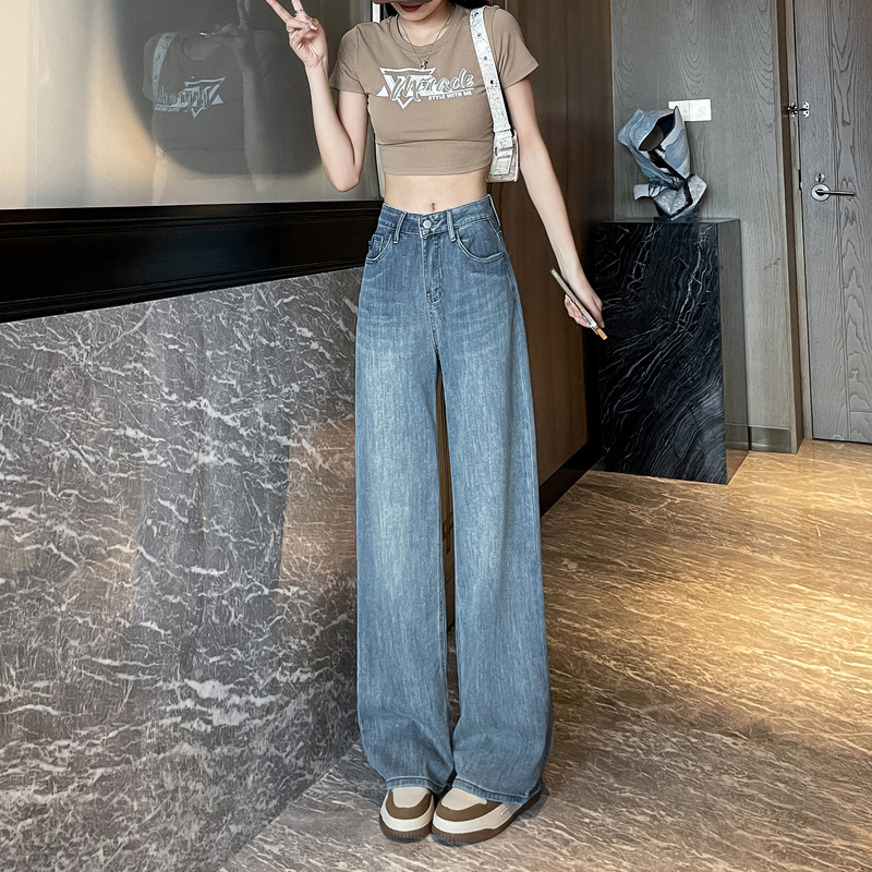 PF19155#新款小个子牛仔裤女高腰直筒裤阔腿裤时尚拖地裤长裤女裝貨源服裝批發