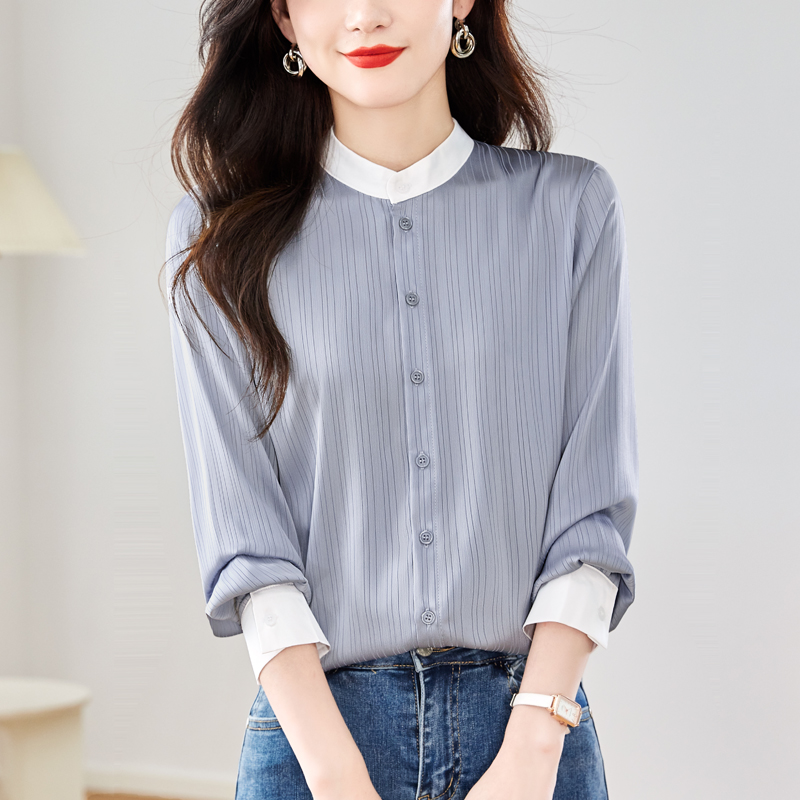 실사 품격 스탠드 칼라 배색 긴팔 여성 셔츠 봄 가을 2026 새로운 캐주얼 다용도 셔츠