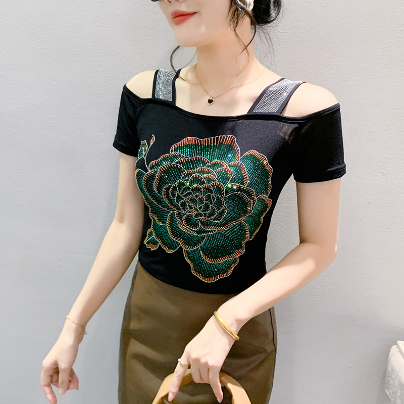 PF19108#夏季新款重工镶钻双层冰丝网纱短袖时尚露肩美背小衫女潮女裝貨源服裝批發