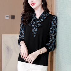 批发针织衬衫女长袖飘带衬衣春秋新款妈妈小衫宽松时尚碎花打底上衣