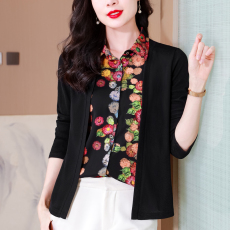批发假两件印花长袖衬衫女春装2026新款春秋上衣妈妈洋气显瘦女士衬衣