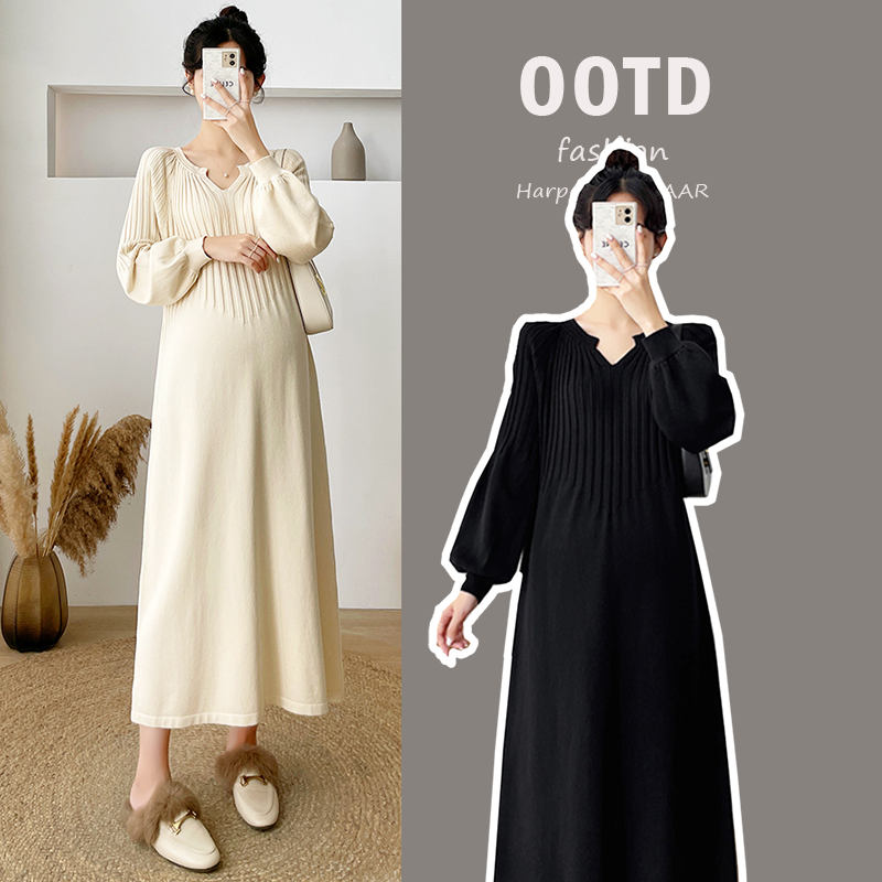 출산 착용 롱 코트 스웨터 드레스 무릎 아래 여성 가을 겨울 새로운 외출용 루즈핏 매운맛 엄마 니트 드레스 롱 스커트