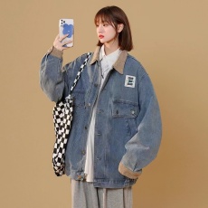 批发实拍拼色翻领牛仔外套女大码韩版百搭夹日系潮牌复古褂子