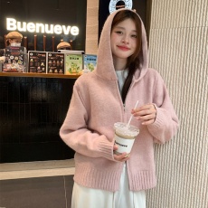 批发韩系连帽双拉链针织<b class='q'>打底衫</b><b class='q'>女</b>士短款秋冬新款收腰休闲毛衣开衫外套