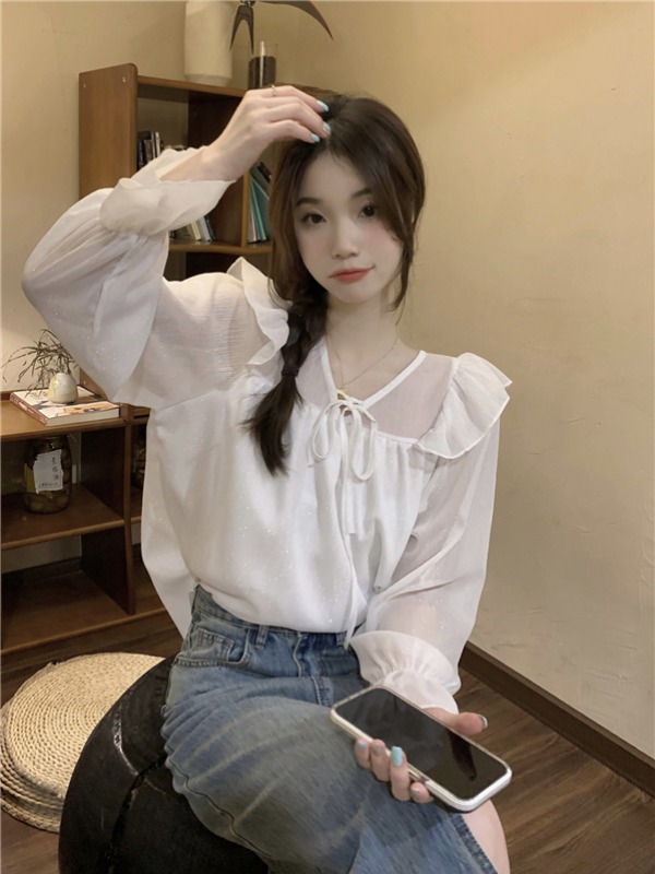 실사 정가 한 부서 부드러운 바람 루즈핏 레이스 업 셔츠 맨위 여성 V넥 디자인 센스 레트로 긴팔 셔츠