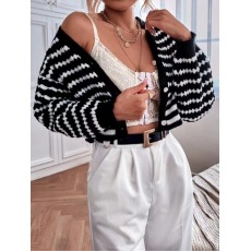 批发韩版别致甜辣很仙的毛衣秋款女装新款V领<b class='q'>条纹</b>针织开衫短款上衣