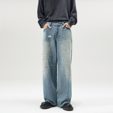 批发实拍2024秋冬新款泼墨潮牌宽松个性牛仔裤男直筒ins阔腿长裤子
