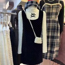 批发韩国<b class='q'>东大门</b>2025秋季新款小香风丝绒镶钻<b class='q'>连衣裙</b>中长款小个子A字裙