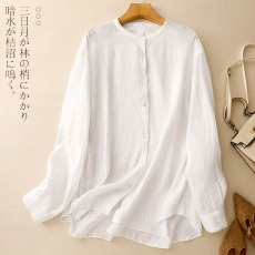 批发文艺<b class='q'>棉麻</b>别致圆领长袖防晒衫女夏季宽松休闲空调衫气质衬衫<b class='q'>上衣</b>