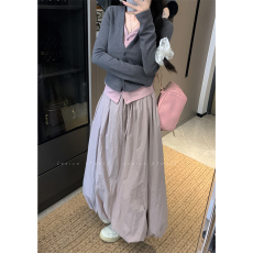 批发实拍~大码女装温柔风甜辣假两件撞色针织衫上衣+高腰花苞裙两件套