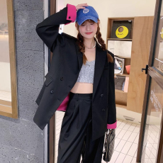 批发2026年春季新款女装时尚套装宽松黑色撞色西装阔腿裤春装两件套