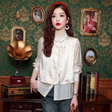 实拍有货!  2026春季新款百搭甜美荷叶领长袖衬衫袖雪纺宽松型