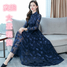 批发实拍 2026春款修身长袖提花<b class='q'>雪纺</b><b class='q'>连衣裙</b>气质大摆长裙女