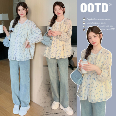 批发实拍2025新款秋季孕妇<b class='q'>韩版</b>显瘦提花褶皱甜美碎花娃娃衫上衣套装