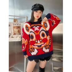 批发韩版炸街加厚秋冬装虎虎生威红色虎头毛衣针织衫上衣